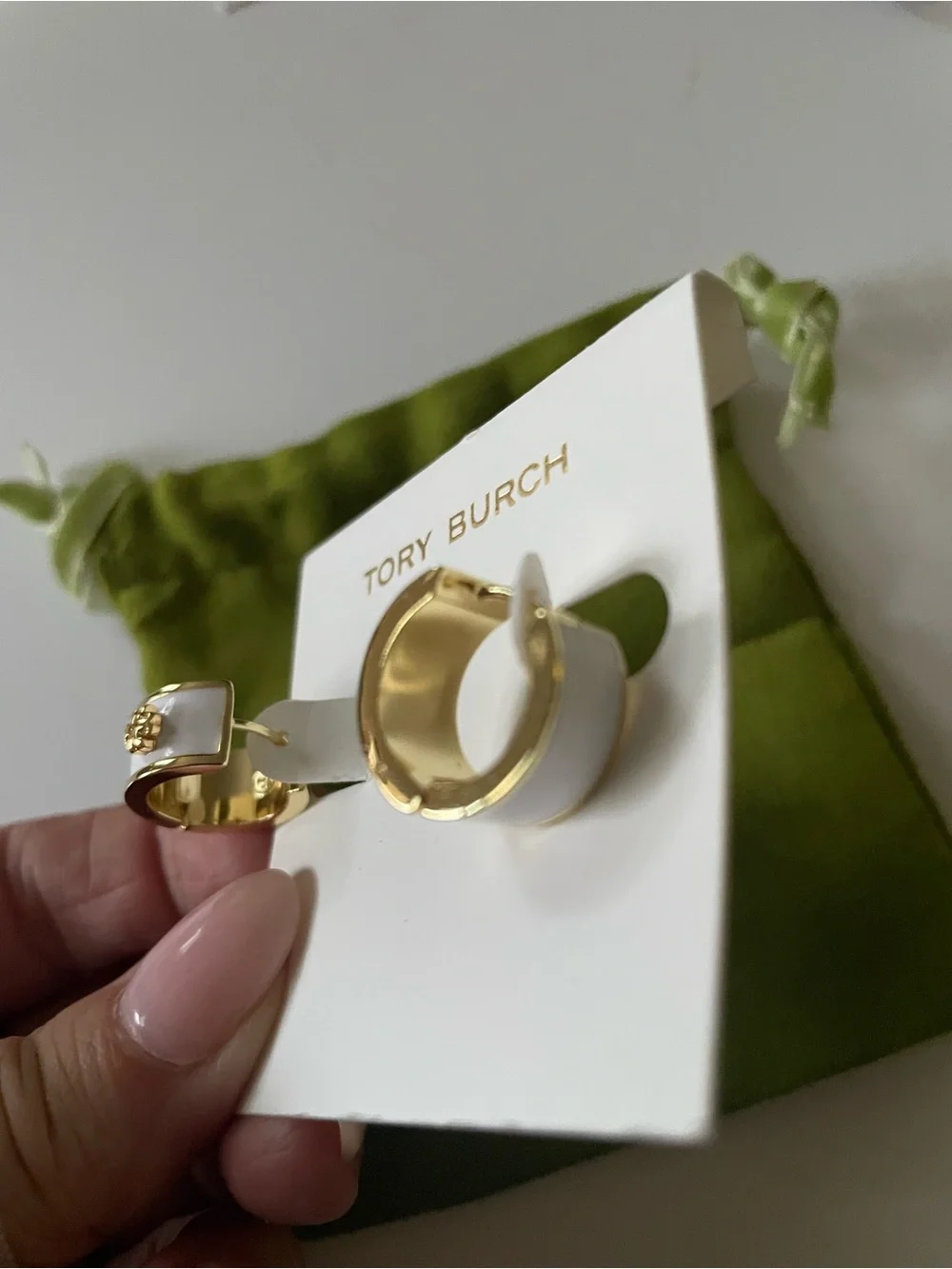Tory Burch Gold Hoop Earrings with White Enamel Accents